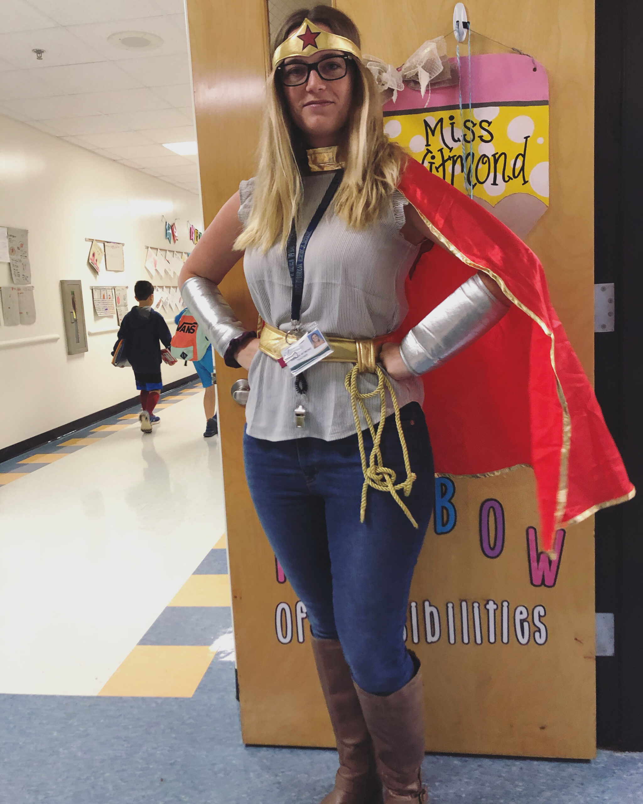 Amanda Witmond dressed as a superhero at school